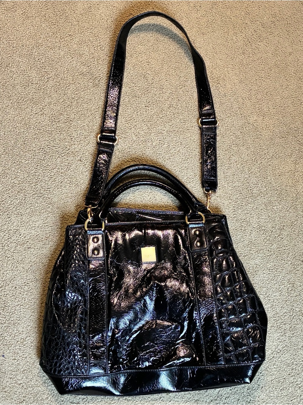Vera Wang Black Satchel/Top Double Handles & Strap Bag Faux Leather Purse Boho